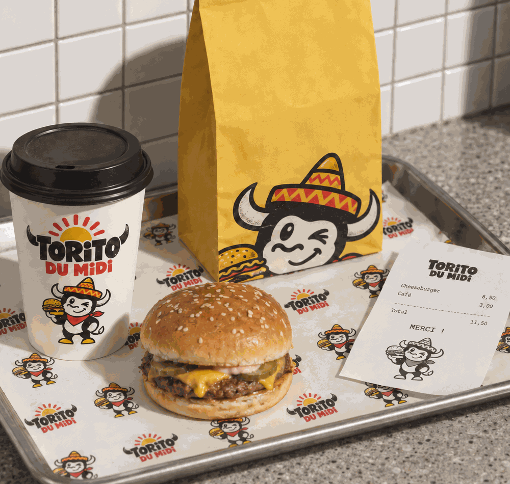 Un plateau Torito du Midi : cheeseburger sur son papier de marque, gobelet, sac kraft et ticket de caisse
